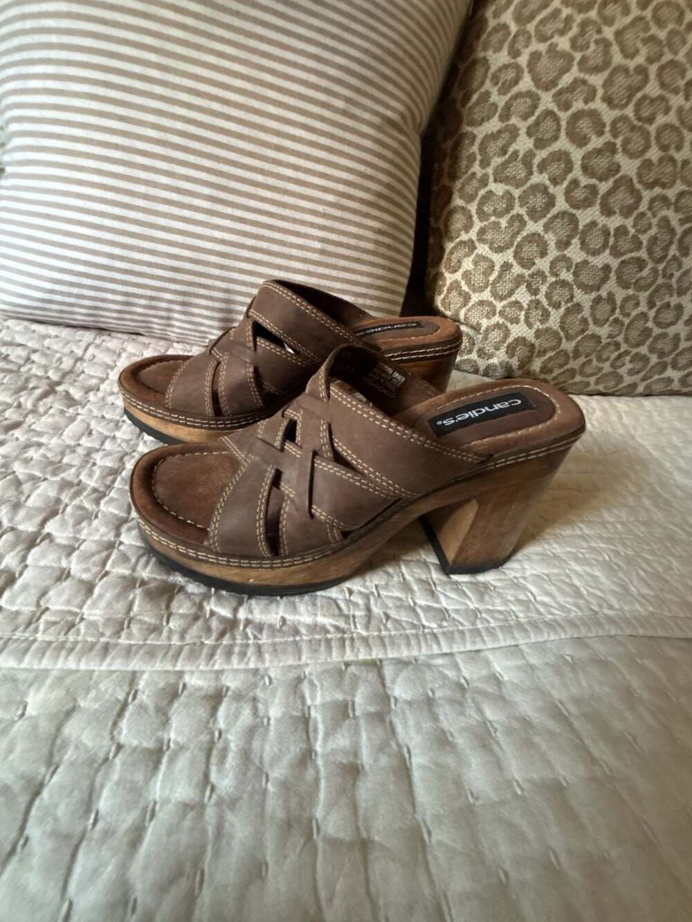 Vintage Candie's Y2K Brown Leather Wooden Platform Chunky Heel Sandals Size 8M